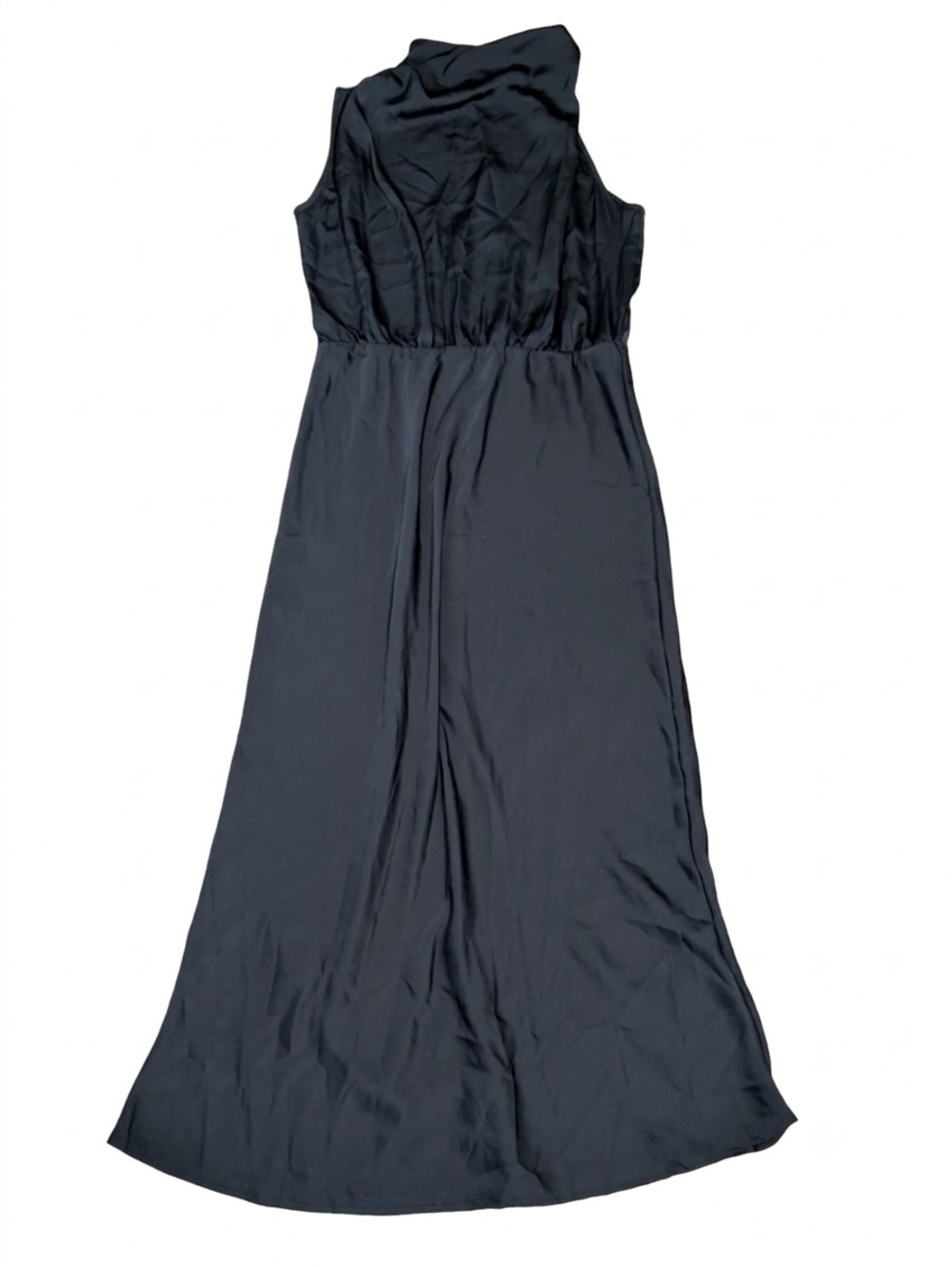PrettyGarden Chic Satin Mock Neck Maxi Dress L Navy Sleeveless Party Cocktail